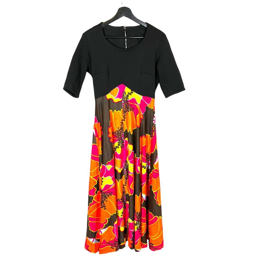 Vintage 60s Black Orange Short Sleeve Floral Print Full Length Dress Medium
